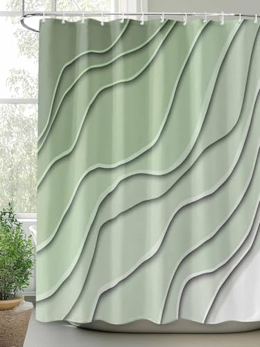 Shower Curtain Bathroom Set Gradient Sage Green Ocean Wave Line Waterproof Shower Curtains with Grommets Hooks Simple Striped Privacy Bath Curtain for Bathtub Decor 48x72in