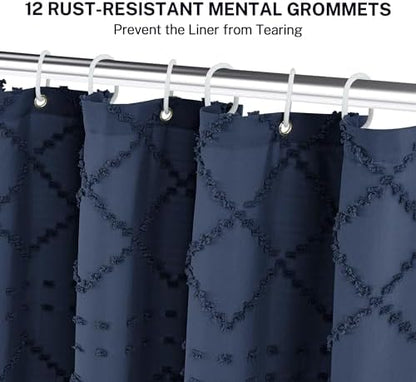 Siiluminisoy Extra Long Boho Shower Curtain with Tassels 72 x 90, Navy Blue