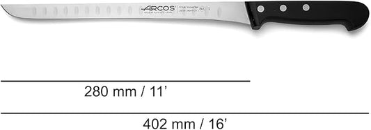 Arcos Carving Knife 11 Inch Stainless Steel. Ham Slicer Knife to Cut Ham and Meat. Ergonomic Polyoxymethylene Handle and 280mm Hollow Blade. Series Universal. Color Black