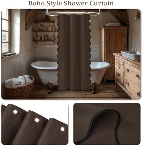 BTTN Stall Boho Scalloped Linen Textured Cloth Shower Curtain, 36x72, Brown