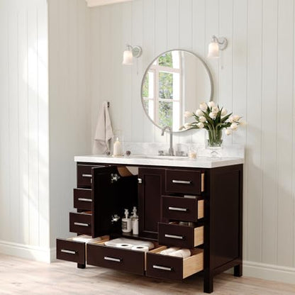 ARIEL Cambridge 48-inch Bathroom Vanity with Sink,Solid Wood, 1.5-inch Italian Carrara Marble Countertop, Single Rectangular Porcelain Sink, 2 Soft Closing Doors, 9 Dovetail Drawers, Espresso