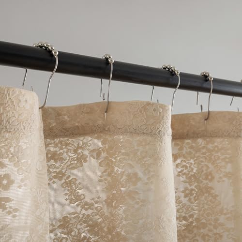 TUDECO Extra Long Beige Lace Shower Curtain with Valance, 72 x84 Inch
