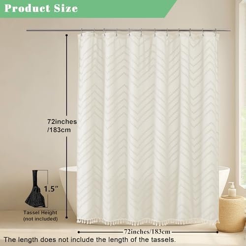 OWENIE Boho Shower Curtain, Beige Fabric Cloth Shower Curtains Farmhouse Tufted Chevron Striped Textured with Tassel for Bathroom, Soft Hotel Style Modern Minimalist, Machine Washable, 72x72, Beige