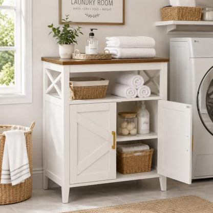 Bathroom Storage Cabinet with Doors, Adjustable Shelf, Wood Top
