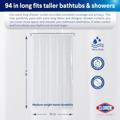 Clorox Shower Curtain Liner, Premium Medium-Weight Durable Waterproof 6g PEVA for Bathroom with Weighted Magnets, Extra Long 72" x 96", Clear 1 Pack