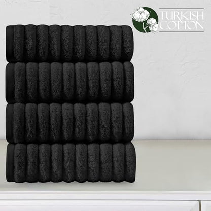 Elegant Comfort Luxury 100% Turkish Cotton Corduroy Ribbed 4 Pack Hand Towel Set 16 x 28 Inch - Absorbent, Super Soft, Quick Dry, Premium Towels for Bathroom, Gym, Spa and Hotel Use, Black