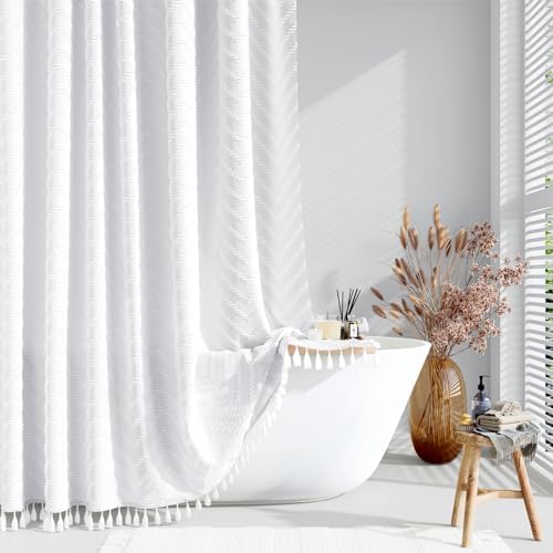 Dynamene Stall Boho Farmhouse Shower Curtain Tufted Chevron 60"x84" White
