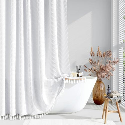 Dynamene Stall Boho Farmhouse Shower Curtain Tufted Chevron 54"x72" White