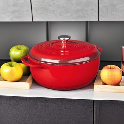 Lodge Essential Enamel Cast Iron Dutch Oven with Lid 7.5 Quart - Oven-Safe Enamel Cookware up to 500° F - Heat-Retaining Braising & Roasting Pot - Non-Toxic Cookware - Island Spice Red