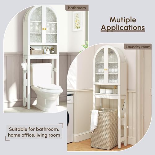 HMstone Over The Toilet Storage Cabinet, Arched Bathroom Organizer and Storage with Acrylic Doors and Adjustable Shelf, Space-Saving Freestanding Bathroom Modern Storage Cabinet Over Toilet, White