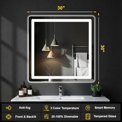 LED Bathroom Mirror with Lights, 30"x30" Lighted Vanity Mirror for Wall