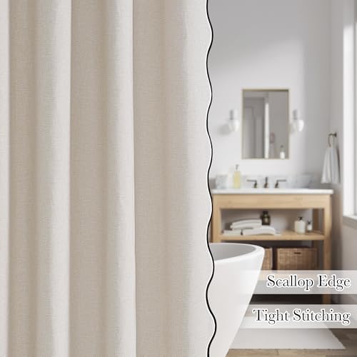 KGORGE Scalloped Shower Curtain for Bathroom with 12 Metal Hooks, Linen Textured Privacy Waterproof Boho Cute Heavy Duty Farmhouse Shower Curtains for Home Decor Bathtub, Linen, 72 x 72 inches Long