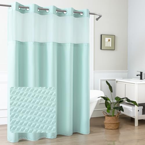 Mrs Awesome No Hook Shower Curtain with Snap-in Liner, Embossed Waffle Design Fabric Shower Curtain for Bathroom, Soft & Lightweight, 71x74, Sky Blue
