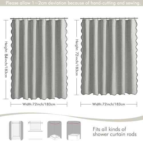 MIULEE 72"x84" Extra Long Scalloped Linen Shower Curtain Light Grey