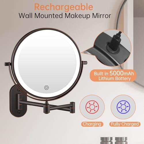 5000mAh Rechargeable Wall Mounted Lighted Makeup Mirror Double Sided 1X30X