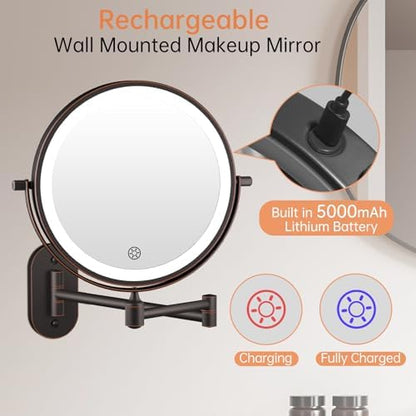 5000mAh Rechargeable Wall Mounted Lighted Makeup Mirror Double Sided 1X30X