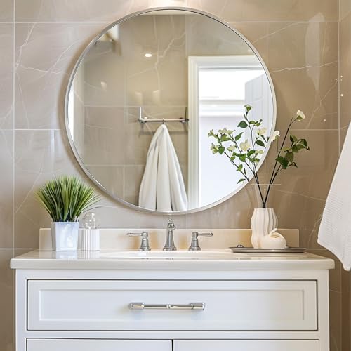 Sunniry Round Mirror 28 inch,Circle Wall Mirror, Brushed Nickel Metal Frame