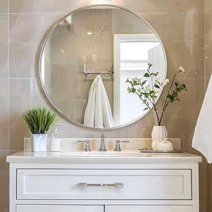Sunniry Circle Mirror 26 inch, Chrome Wall Mirror, Brushed Metal Frame