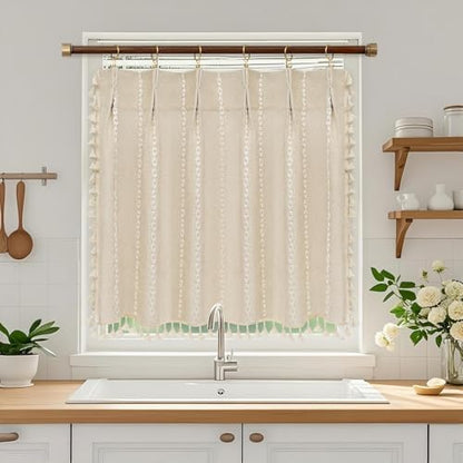 Seenus Beige Boho Farmhouse Window Curtain with Tassels, 30 x 36 Inch Light Filtering Sheer Short Cafe Window Curtain Tier, Linen Textured Pleated Small Window Drape for Kitchen or Bathroom, 1 Panel