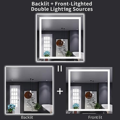 LOAAO 38"X38" LED Bathroom Mirror with Lights, Anti-Fog, Dimmable, Backlit + Front Lit, Lighted Bathroom Vanity Mirror for Wall, Memory Function, Tempered Glass, Shatter-Proof, ETL Listed