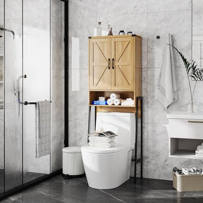 Vabches Over The Toilet Storage Cabinet with 2-Door Design Bathroom Organizers and Storage with Anti-Tip Device Over Toilet Organizer with Shelves for Bathroom,Restroom,Laundry Natural