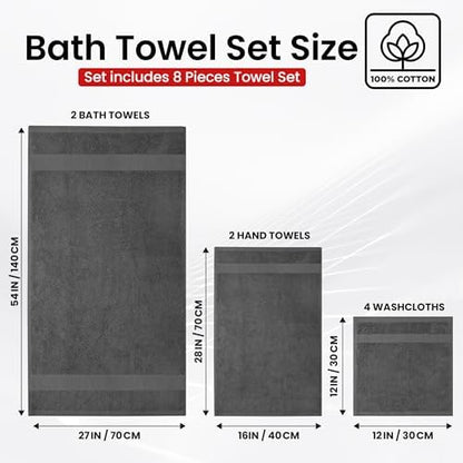 Infinitee Xclusives 100% Cotton Bath Towel Set – 8 Piece Bathroom Towel Set