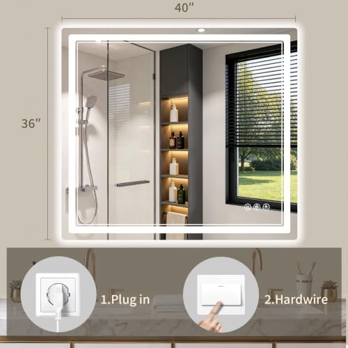 36"x40" LED Bathroom Mirror with Lights, Backlit + Front Lit, Anti-Fog, Lighted Bathroom Mirror for Wall, HD Shatterproof Tempered Glass, Dimmable, Memory Function (Horizontal/Vertical)