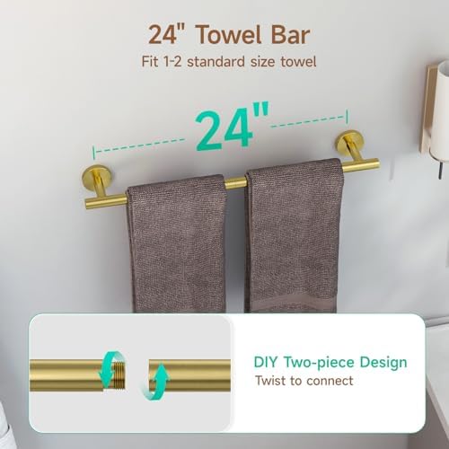 USHOWER 8PCS Light Gold Bathroom Hardware Set, 24-Inch Towel Bar Set