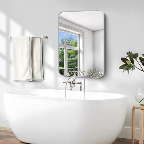 Silver Bathroom Mirror, 18 x 24 Inch Rectangle Mirrors for Wall, Rounded Corner Metal Framed Wall Mounted Mirror for Over Sinks Living Room Bedroom Entryway Hangs Horizontal/Vertical