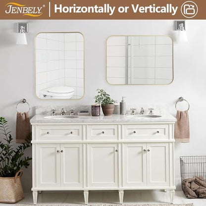 Gold Mirror, 24x32 Inch Framed Rectangle Mirror with Rounded Corner, Brushed Brass Mirror, Gold Bathroom Mirror for Over Sink, Vanity, Living Room, Bedroom, Horizontal/Vertical