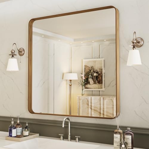 LOAAO 36X36 Inch Bathroom Mirror with Wood Grain Colored Metal Frame