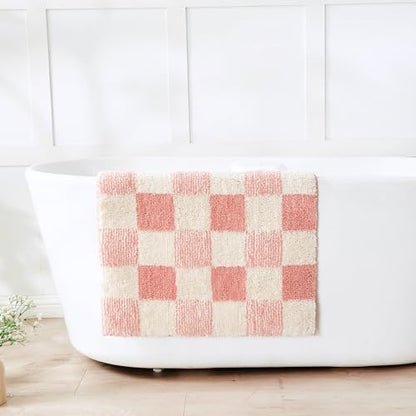 CozeCube Blossom Pink Checkered Bath Mat 36"x24" Non Slip Washable Rug