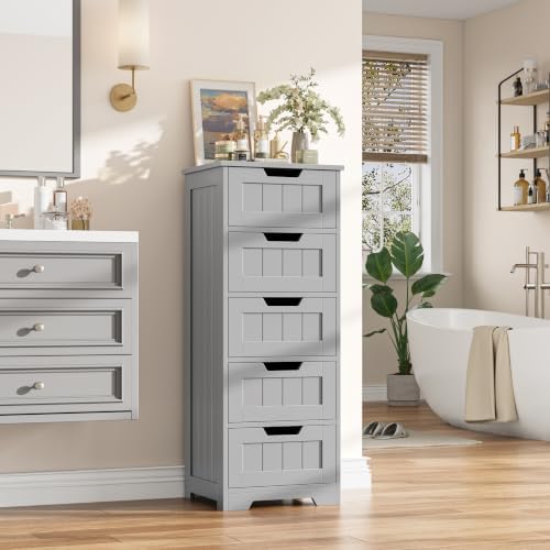 FOTOSOK Bathroom Cabinet, Bathroom Storage Cabinet with 5 Drawers, Grey