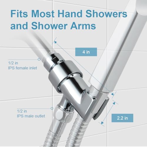 OFFO Shower Head Holder All Metal for Handheld Shower Head, Adjustable Shower Arm Mount with Solid Brass Pivot Ball, 1/2 in IPS Female Inlet and Male Outlet, Chrome