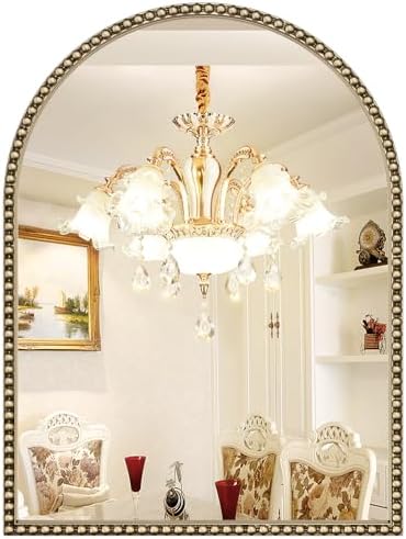 Beaded Arched Mirror for Wall, 22"x30" Gold Arch Bathroom Vanity Mirror, Retro Brass Metal Frame Decorative Mirror for Bedroom Dressing Room Entryway Fireplace