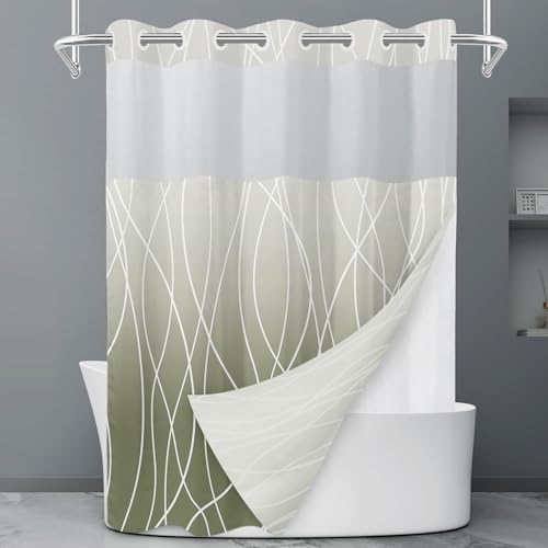 LXBNI Ombre Sage Green No Hook Shower Curtain with Liner, 71 x 74 Inch