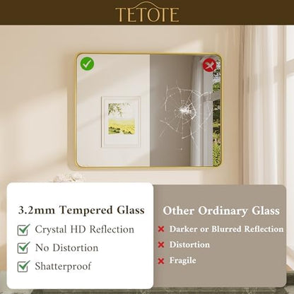 TETOTE 55 x 36 Inch Bathroom Mirror, Brushed Brass Gold Vanity Mirror, Modern Rectangle Metal Frame Decorative Wall Mirror for Entryway Shatterproof (Horizontal/Vertical)