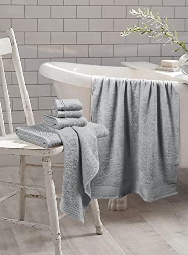 GLAMBURG 100% Cotton Ultra Soft 6 Pack Towel Set, Contains 2 Bath Towels 28x55 Inches, 2 Hand Towels 16x24 Inches & 2 Wash Coths 12x12 Inches, Compact Absorbent Lightweight & Quickdry - Light Grey