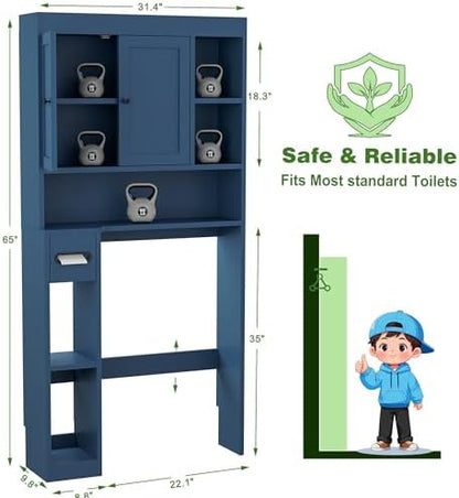 Over The Toilet Storage Cabinet with 7 Shelves, Imitation Walnut Grain Above Toilet Bathroom Organizer with Toilet Paper Holder Stand, Space Saver for Restroom, Laundry, Bathroom (Navy Blue)