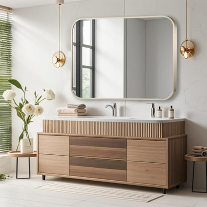 48x30 Inch Brushed Nickel Bathroom Mirror, Framed Rectangle Mirror with Rounded Corner, Brushed Mirror, Silver Bathroom Mirror for Over Sink, Vanity, Living Room, Bedroom, Horizontal/Vertical