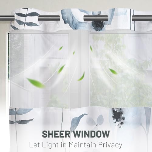 WITHLOC No Hook Floral Shower Curtain with Liner, Moonlight Blue, 71x74
