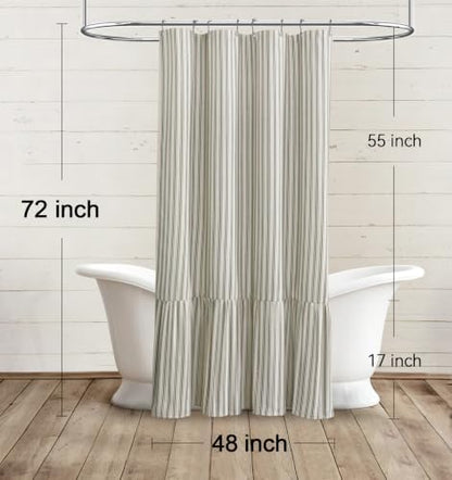 Farmhouse Shower Curtain Ruffle Linen Cream-Green Stripe 48"W x 72"L