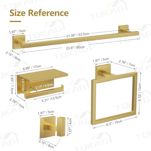TQKAG 5-Pieces Brushed Gold Bathroom Hardware Accessories Set 23.6" SUS304 Stainless Steel Towel Bar Set Wall Mounted Square Toilet Paper Holder with Shelf