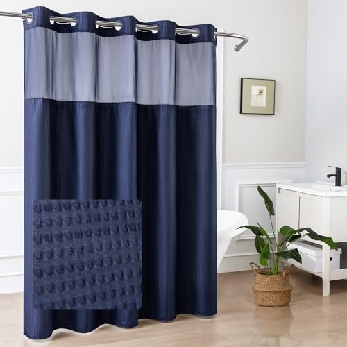 Mrs Awesome No Hook Navy Shower Curtain with Snap-in Fabric Liner 71x74