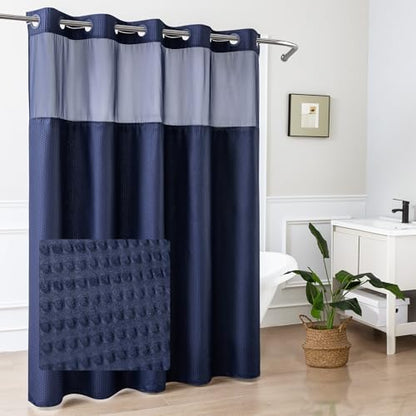 Mrs Awesome No Hook Navy Shower Curtain with Snap-in Fabric Liner 71x74