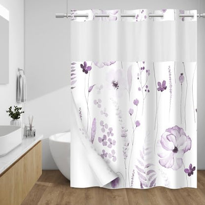 WITHLOC No Hook Floral Shower Curtain with Liner, Plum, 71x74