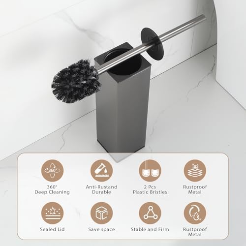 BGL Standing Toilet Brush and Holder GunGrey Aluminium Toilet Bowl Cleaner Brush and Holder for Bathroom Storage and Organization, Square Design Sturdy and Space Saving