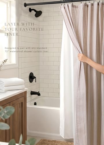 Farmhouse Striped Shower Curtain - Extra Long 72x84 Inches, Linen Blend Fabric, Breathable & Machine Washable, Rustic Rust for Bathroom Decor (Hooks/Liner Not Included)