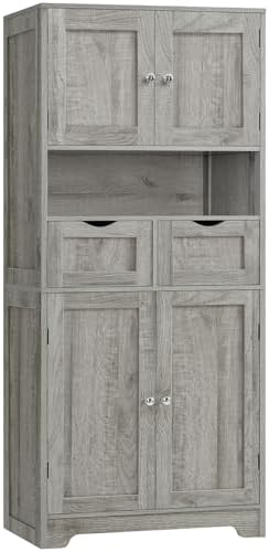 Iwell Tall Storage Cabinet with Adjustable Shelf, Bathroom Cabinet with 2 Drawers, Linen Cabinet for Living Room, Grey