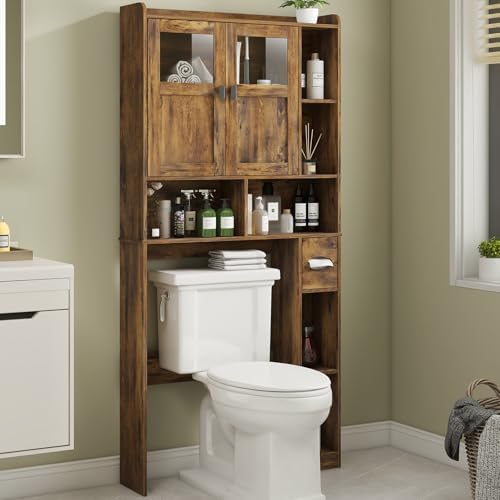 Vabches Over The Toilet Storage Cabinet with Doors and Shelves, Brown